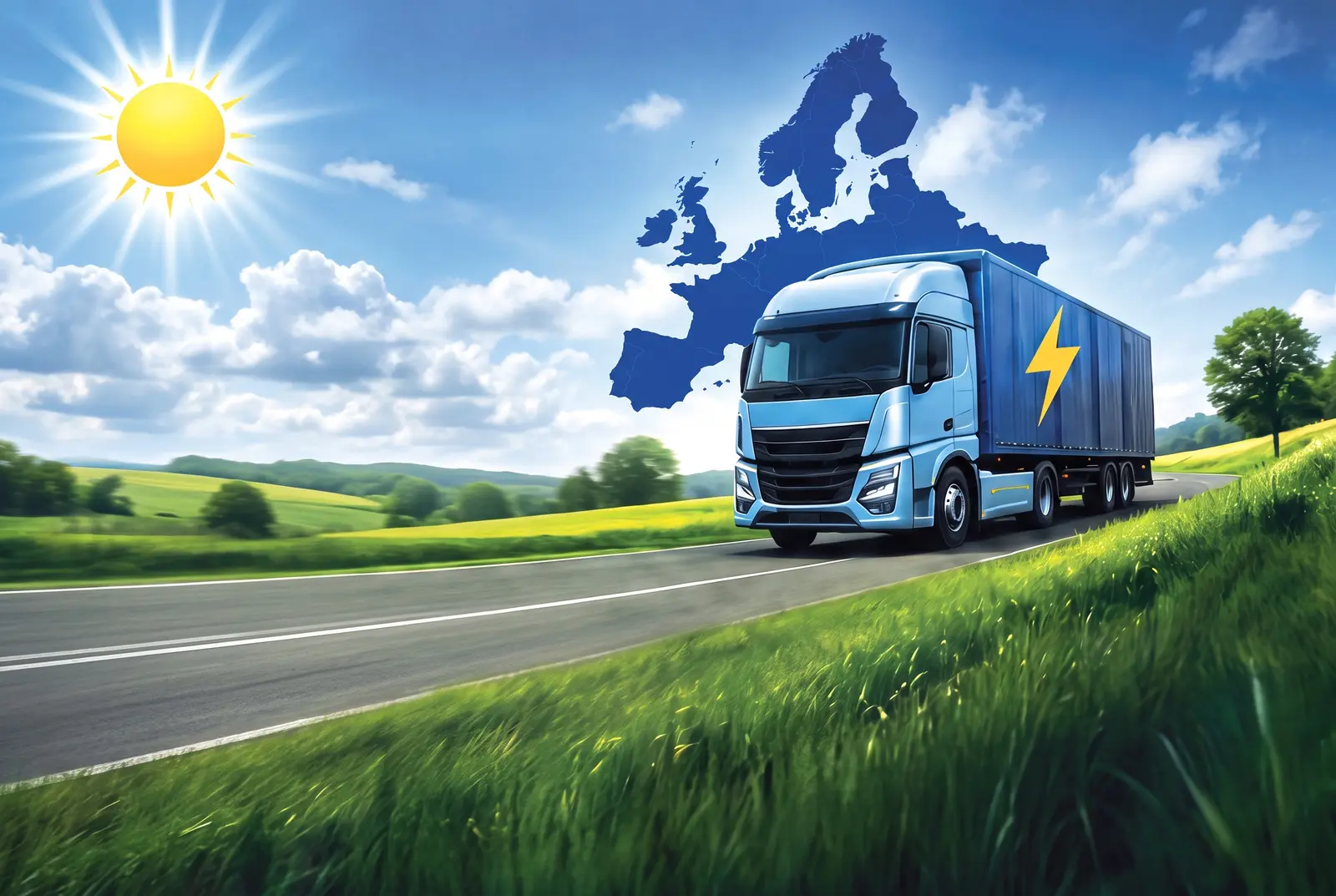 KI-Visualisierung: Elektrischer Lkw auf einer Landstraße, dahinter die Europakarte und die Sonne