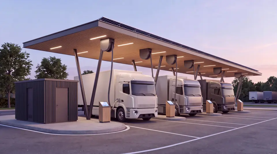 KI-Visualisierung: Lkw an Ladepunkten unter einem Dach