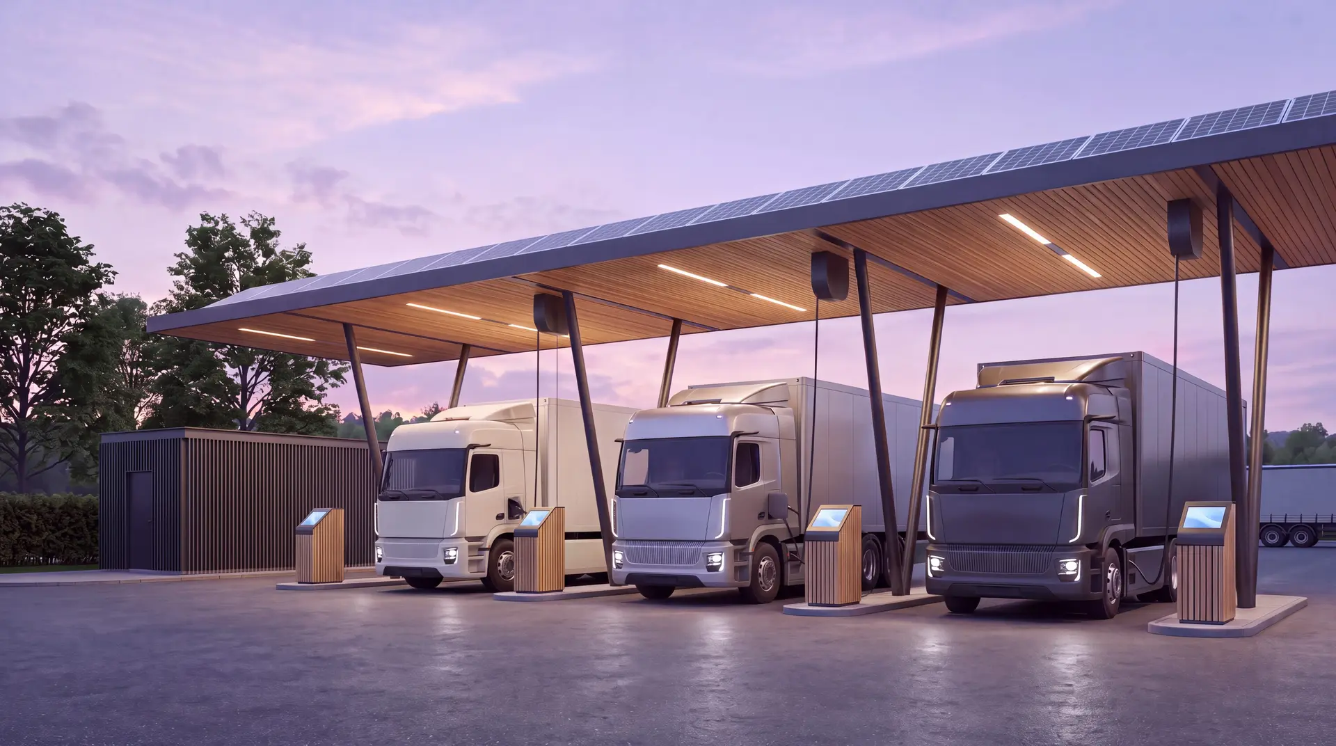 KI-Visualisierung eines überdachten Ladeparks mit elektrischen Lkw