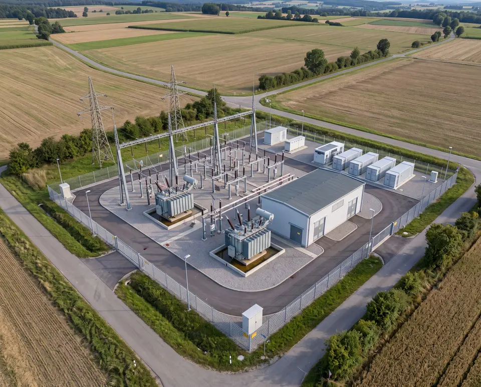 KI-Visualisierung: Umspannwerk mit Transformatoren und Batteriespeicher zwischen Feldern