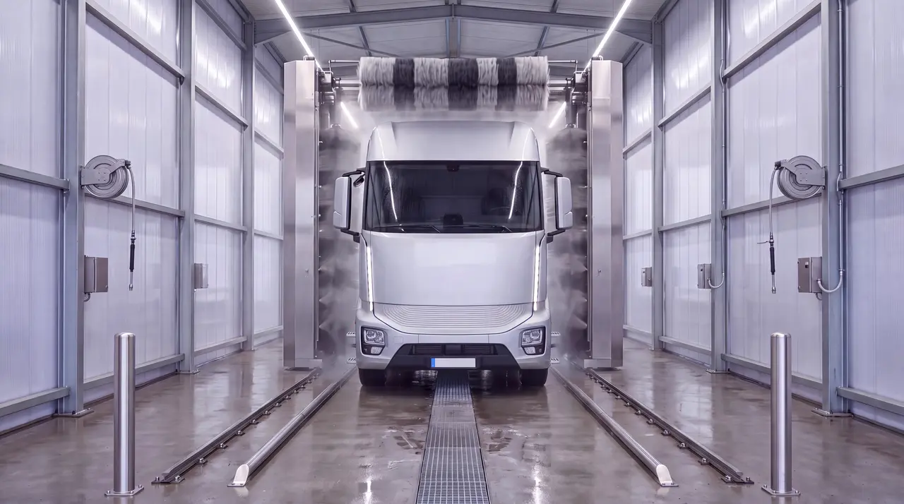 KI-Visualisierung: Lkw in einer Waschanlage mit Bürsten